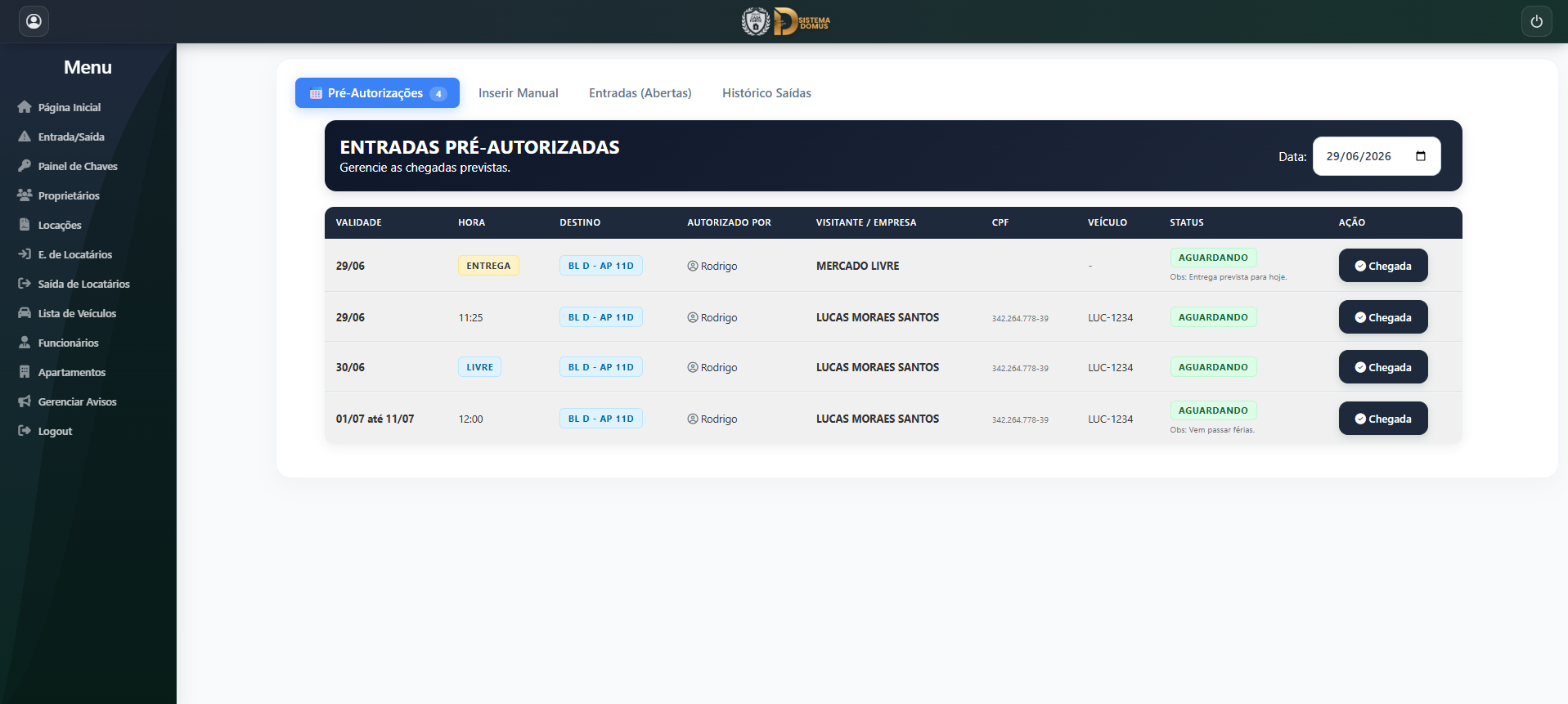 Interface de Autorizações e Portaria 24h - Sistema Domus